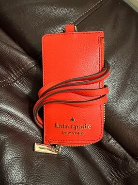 kate spade New York Red Leather lanyard Wallet. New